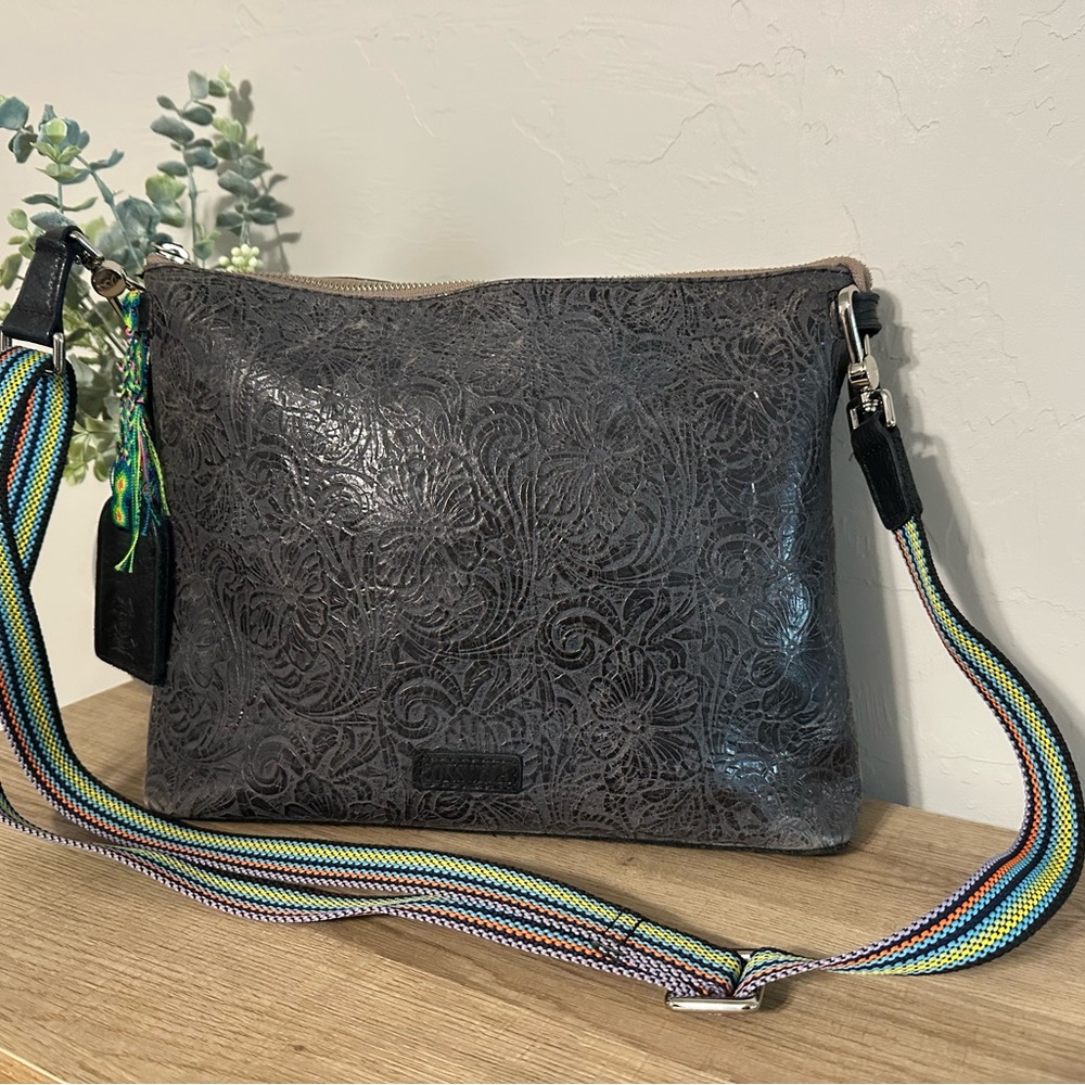 Consuela Black Steely Downtown Tooled Leather Crossbody Bag